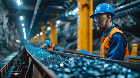 Workers Engaged in Coal Mining Inside a Tunnel at a Mining Site During Daylight Hours. Generative AIの素材