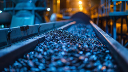 Conveyor Belt Transporting Coal at Night With Artificial Lighting Illuminating Industrial Setting. Generative AIの素材