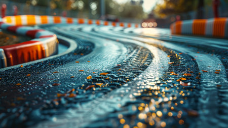 Curved Racetrack With Wet Surface and Fallen Leaves During Late Afternoon Sunlight in an Urban Area. Generative AIの素材