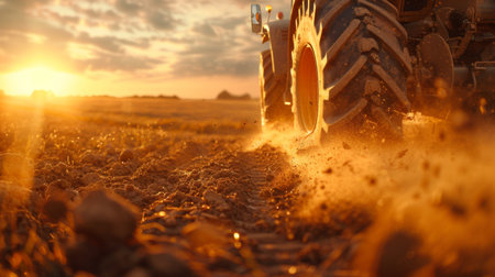 Tractor Working in a Golden Field at Sunset Illuminating Dust Clouds on a Warm Evening in Rural Farmland. Generative AIの素材