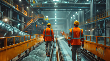 Workers in Safety Gear Walk Along Tracks in an Industrial Facility During Early Evening, Overseeing Machinery and Operations in a Busy Manufacturing Environment. Generative AIの素材