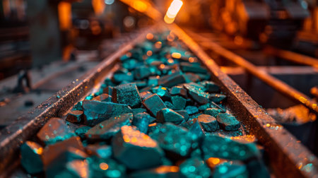 Brightly Colored Mineral Fragments Scattered Along a Conveyor Belt in a Dimly Lit Industrial Facility During a Productive Work Shift. Generative AIの素材