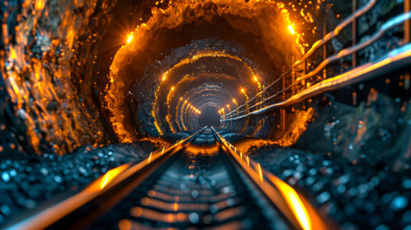 Exploring the Depths of a Well Lit Underground Tunnel With Railway Tracks and Glimmering Water Droplets at the Bottom. Generative AIの素材