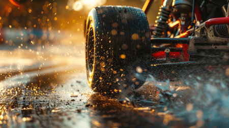 A Thrilling Outdoor Competition Unfolds as a Racing Kart Splashes Boldly Through Water, Illuminated by the Stunning Colors of Sunset. Generative AIの素材