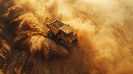 Heavy Machinery Working in a Dusty Quarry During Sunset Creates a Dramatic Cloud of Dust in the Air Across the Rugged Landscape. Generative AIの素材