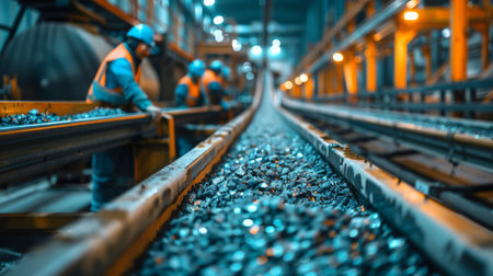 Workers Sorting Materials on a Conveyor Belt in a Large Industrial Facility During Nighttime Operations. Generative AIの素材