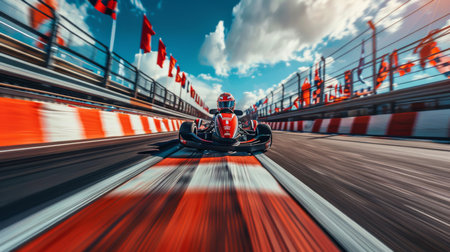 Speeding Down a Racing Track in a Go Kart With a Dynamic View of Flags and Vibrant Surroundings During Daylight. Generative AIの素材