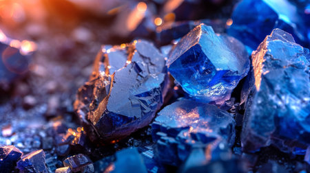 A Captivating Arrangement of Blue Crystals is Beautifully Scattered Across a Surface, Reflecting a Warm and Inviting Light Within a Stunning Mineral Collection, Showcasing the Wonders of Generative AIの素材