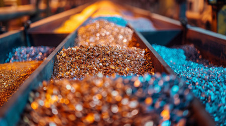 Colorful Metallic Ores Shining in a Mine Processing Facility During Daytime Hours Full of Activity. Generative AIの素材
