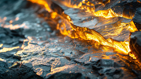 Molten Lava Flows Over Dark Volcanic Rock During an Eruption in a Remote Location Under Bright Lighting Conditions. Generative AIの素材