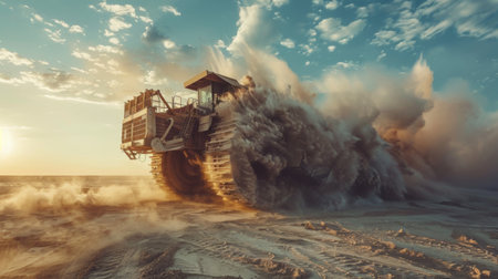 Heavy Machinery Operates at Sunset, Creating Dust Clouds in an Expansive Construction Site With Dramatic Lighting and Dynamic Movement. Generative AIの素材