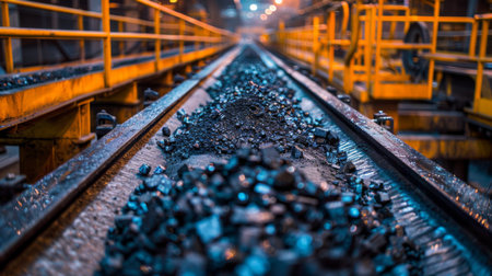Coal Transport System in Industrial Setting During Nighttime Operations With Illuminated Surroundings. Generative AIの素材