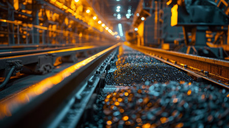 Industrial Setting With Illuminated Railway Tracks and Coal Scattered on the Ground at a Coal Processing Facility During Evening Hours. Generative AIの素材