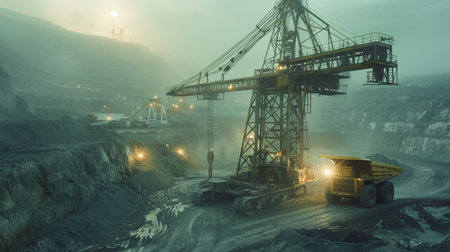 Heavy Machinery Operates in a Large Mining Site During Twilight Hours, Showcasing an Industrious Landscape With Foggy Conditions. Generative AIの素材