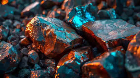 Brightly Illuminated Rocks in a Dark Environment Showcasing Vibrant Colors and Textures From Mineral Surfaces During a Close Up Exploration. Generative AIの素材