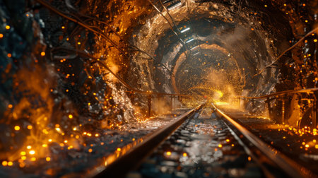 Lava Flowing Through a Mine Tunnel With Glowing Rocks and Molten Streams in a Fantasy Landscape. Generative AIの素材