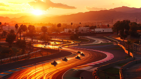 Sunset Race at a Karting Track With Go Karts Winding Through Curves and a Vibrant Sky in the Background. Generative AIの素材