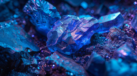 Mesmerizing Blue Crystal Formations Reflect Light in an Otherworldly Display of Mineral Beauty in a Dark Setting. Generative AIの素材