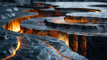 Lava Flows Illuminate Textured Rock Formations in a Dramatic Underground Landscape During Twilight Hours. Generative AIの素材