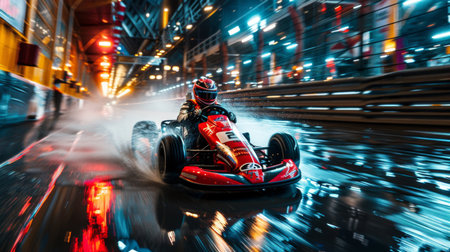 Exciting Go Kart Racing at Night in a Vibrant Indoor Track With Reflections and Spray From High Speed Action. Generative AIの素材