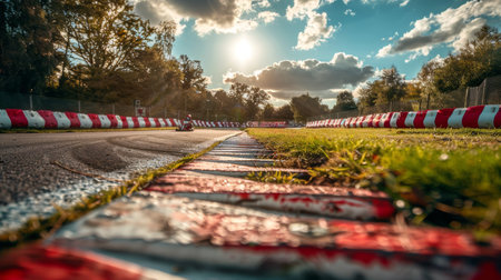 Go kart Racing on a Sunny Afternoon at a Scenic Outdoor Track With Vibrant Clouds and Lush Greenery. Generative AIの素材
