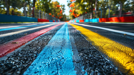 Vibrant Racetrack With Colorful Stripes and Autumn Trees in the Background Under Clear Blue Sky During Daytime. Generative AIの素材