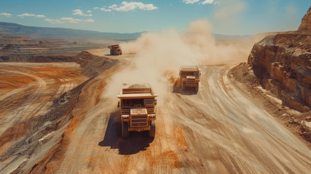 Large Mining Trucks Navigate Dusty Paths in an Expansive Open Pit Mine Under a Clear Blue Sky During Midday. Generative AIの素材