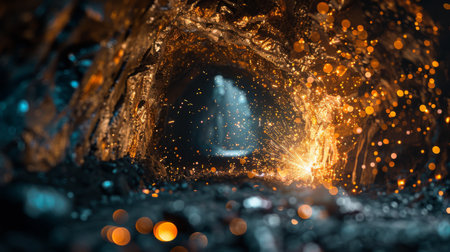 Dazzling Light Reflections Illuminate an Underground Cave During Mineral Extraction at Twilight Hours in a Remote Location. Generative AIの素材