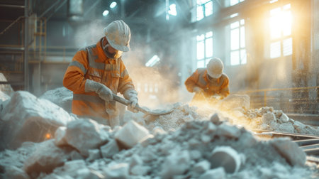 Workers Engage in Stone Processing at a Construction Site in a Well Lit Industrial Space During Daytime Hours. Generative AIの素材