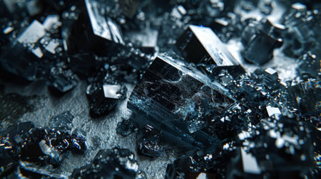 Complex Arrangement of Dark Mineral Crystals Reflecting Light in Intricate Patterns Within the Rocky Surface. Generative AIの素材