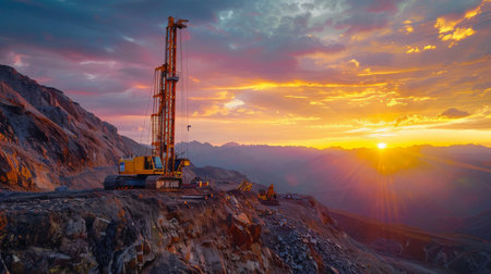 Heavy Machinery Operates During a Vibrant Sunset in a Mountainous Landscape Showcasing Industrial Progress and Natural Beauty. Generative AIの素材