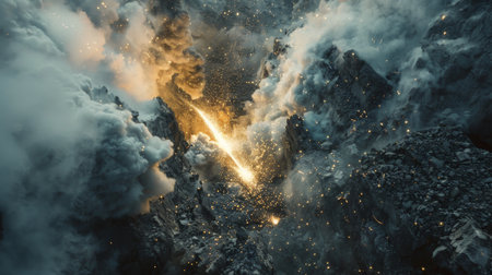 Explosion of Light and Energy Within a Rocky Landscape at Dawn Enveloped by Thick Clouds Showcasing the Power of Nature. Generative AIの素材