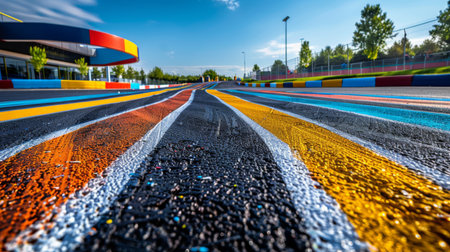 Colorful Racing Track With Vibrant Paint Patterns Under Clear Blue Sky During Late Afternoon. Generative AIの素材