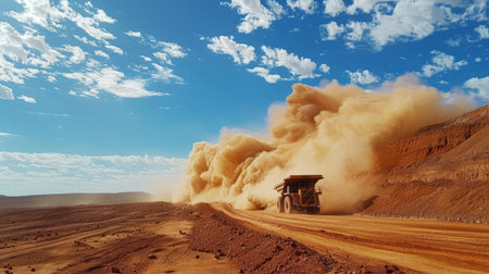 Dust Cloud Rises as a Large Mining Truck Navigates Through a Rugged Terrain Under a Bright Blue Sky. Generative AIの素材