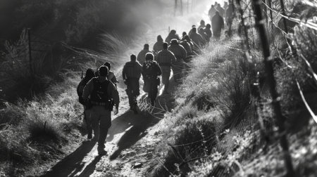 Soldiers Marching Along a Pathway in a Rugged Area During Early Morning Light While Shadows Create a Dramatic Atmosphere. Generative AIの素材