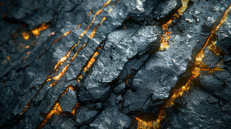 Shimmering Lava Flow Creating Striking Patterns on a Volcanic Rock Surface Illuminated by Molten Energy During a Volcanic Eruption. Generative AIの素材