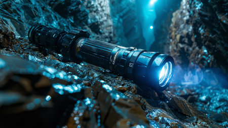 Exploring Beautiful Caves With a High Intensity Flashlight Illuminating Stunning Rock Formations in a Dimly Lit Environment. Generative AIの素材