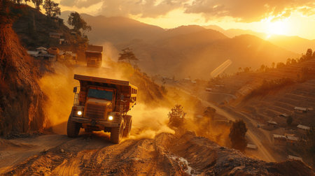 Heavy Mining Trucks Navigate a Rugged Landscape During a Sunset in the Mountains, Highlighting the Challenges of Extraction Activities in Natural Environments. Generative AIの素材