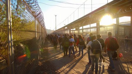 Long Line of Individuals Walking Along the Border Fence During Sunset With Warm Sunlight Illuminating the Pathway and the Surrounding Area. Generative AIの素材