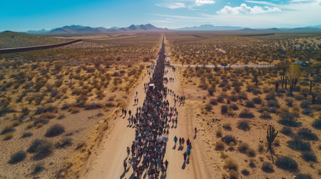Large Group of Cyclists Participating in an Off Road Race Across the Desert Landscape Under a Clear Sky in the Afternoon. Generative AIの素材