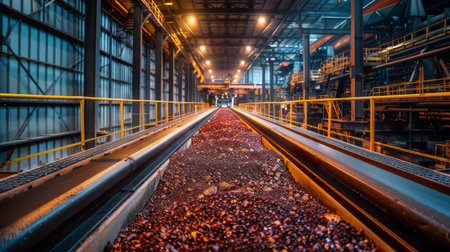 View of a Conveyor Belt Transporting Minerals in a Large Industrial Facility During Evening Hours With Ambient Lighting Highlighting the Surroundings. Generative AIの素材