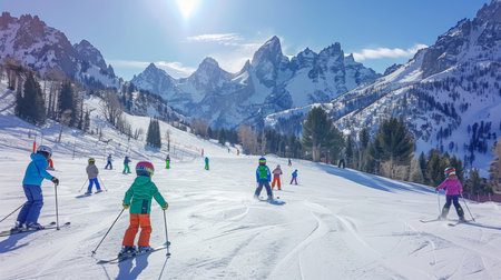 Skiers Navigate a Snowy Slope in a Vibrant Winter Landscape Near Majestic Mountain Peaks Under a Bright Blue Sky During a Sunny Day. Generative AIの素材