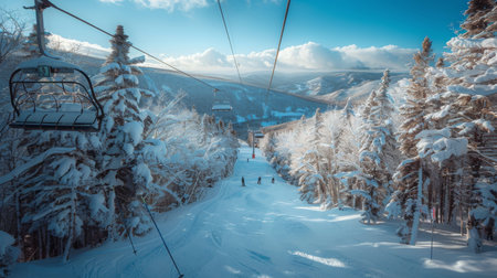 Skiers Descend a Snowy Mountain While Riding a Chairlift in a Scenic Winter Landscape. Generative AIの素材