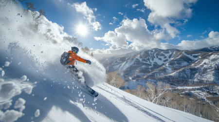 Skier Navigating Fresh Powder on a Sunny Day in a Mountainous Landscape, Showcasing the Thrill of Winter Sports in a Beautiful Natural Setting. Generative AIの素材