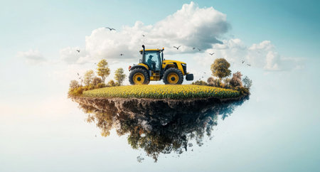 Smart tractor working on a floating farm island surrounded by fields and clouds. Generative AIの素材