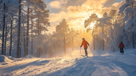 Skiers Enjoying a Beautiful Winter Afternoon on a Snow Covered Trail Surrounded by Tall Pine Trees at Sunset in a Serene Forest. Generative AIの素材