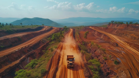 Heavy Machinery Operates on a Rugged Dirt Road With Scenic Mountains in the Background During the Day. Generative AIの素材