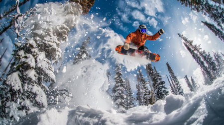 Snowboarder Performs a Thrilling Aerial Jump Over Fresh Powder in a Snow Covered Forest During a Bright Winter Day. Generative AIの素材