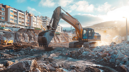 Construction Equipment Digging at a Development Site Under a Bright Sky in the Early Morning. Generative AIの素材