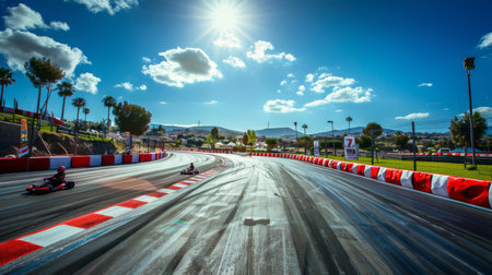 Exciting Go Kart Race on a Sunny Day at a Vibrant Outdoor Track Surrounded by Palm Trees and Mountains. Generative AIの素材